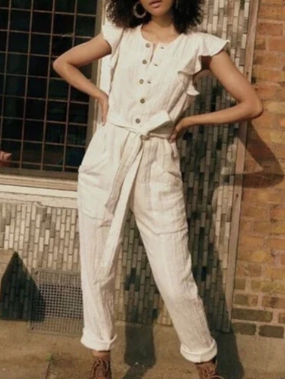 Free People Off White Button-Front Textured Jumpsuit with Tie Waist 💯 Cotton‎